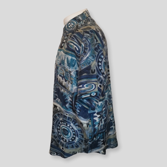 Abstract Pattern Shirt Mens Size L Blue Short Sleeve Silk Button Up Shirt - Picture 4 of 6